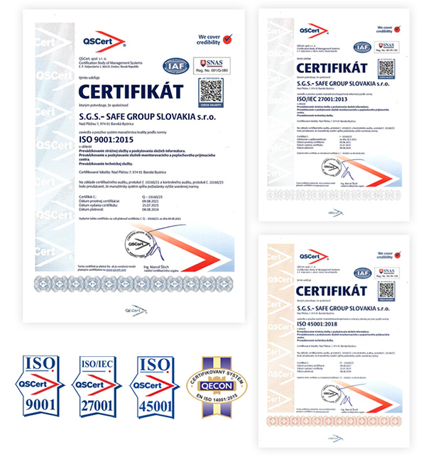 Certifkáty ISO9001, ISO27001, ISO45001, Qecon